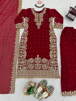Red Faux Georgette Co-Ord Set with Coding, Sequin & Rivet Moti Work – Plazo & Dupatta Set ClothsVilla