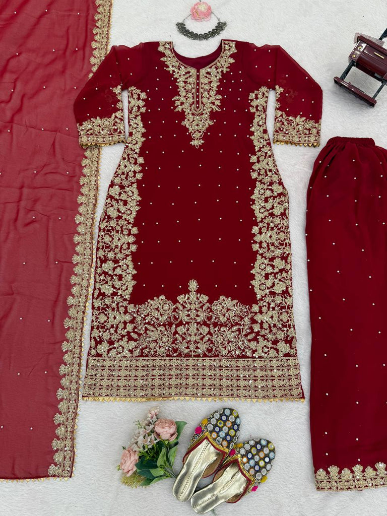 Red Faux Georgette Co-Ord Set with Coding, Sequin & Rivet Moti Work – Plazo & Dupatta Set ClothsVilla