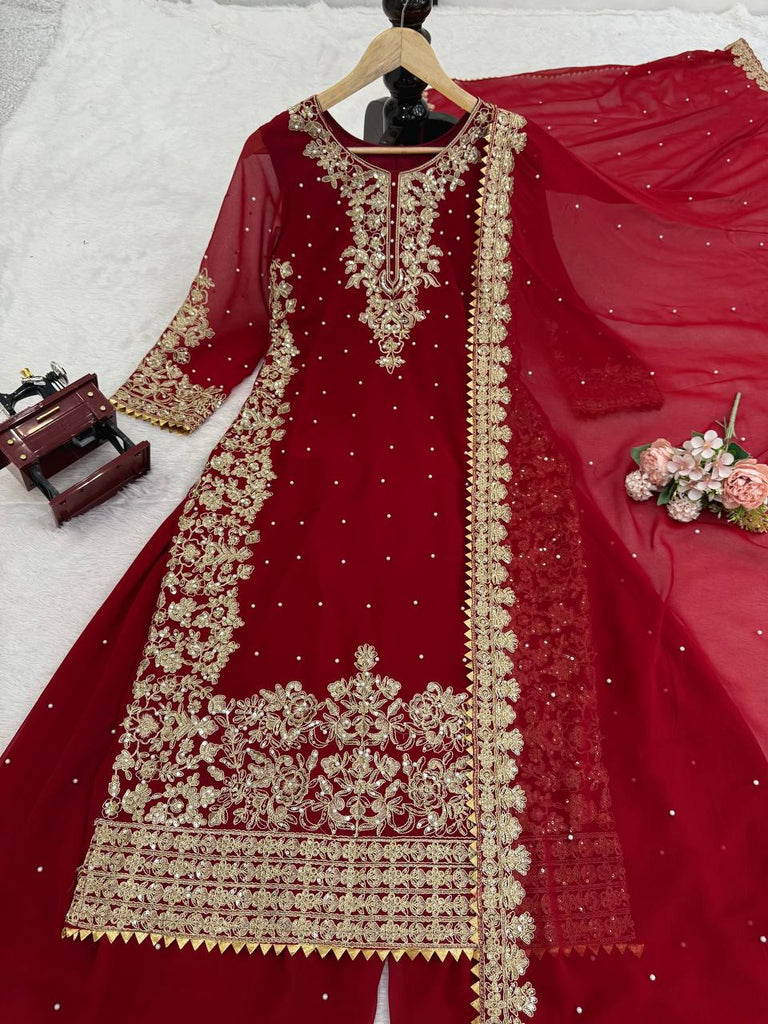 Red Faux Georgette Co-Ord Set with Coding, Sequin & Rivet Moti Work – Plazo & Dupatta Set ClothsVilla