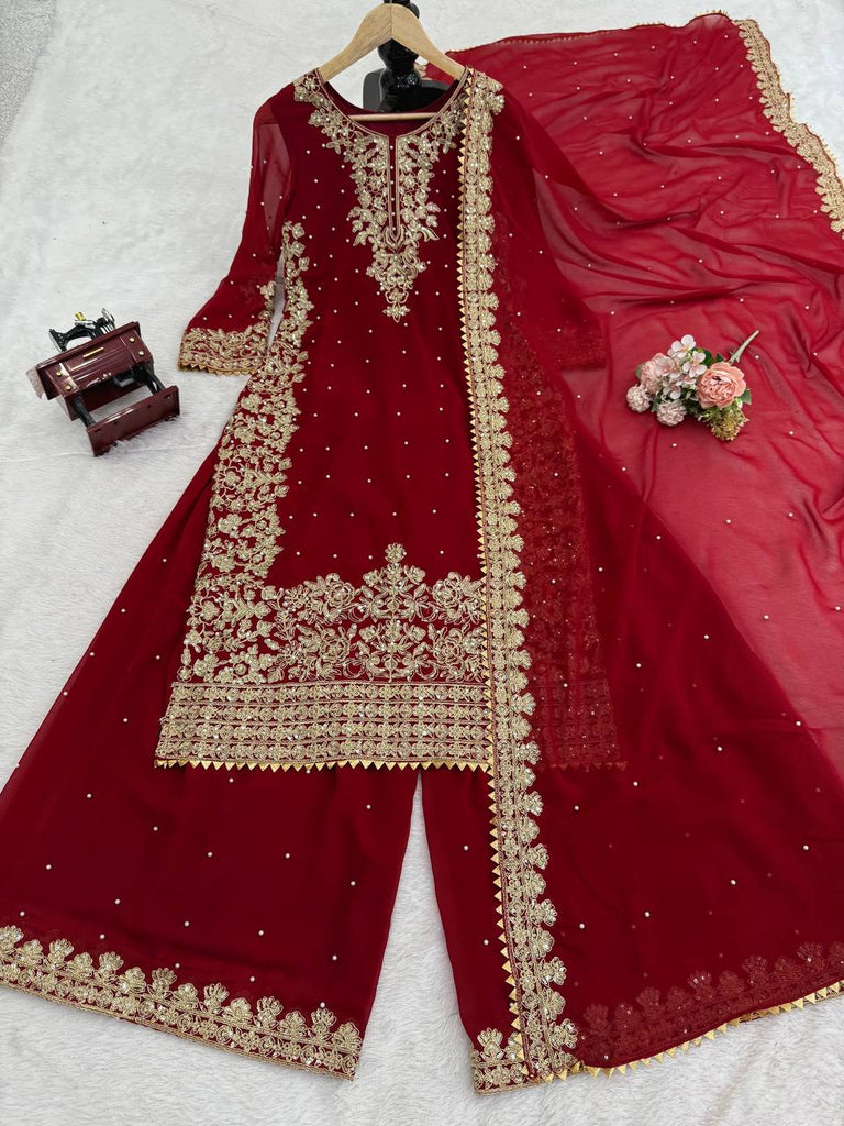 Red Faux Georgette Co-Ord Set with Coding, Sequin & Rivet Moti Work – Plazo & Dupatta Set ClothsVilla