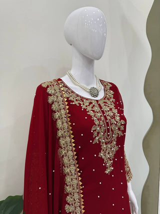Red Faux Georgette Co-Ord Set with Coding, Sequin & Rivet Moti Work – Plazo & Dupatta Set ClothsVilla
