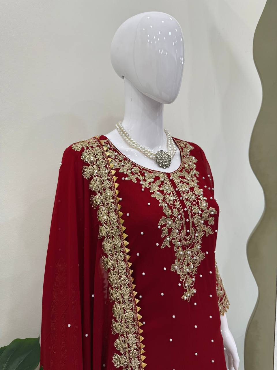 Red Faux Georgette Co-Ord Set with Coding, Sequin & Rivet Moti Work – Plazo & Dupatta Set ClothsVilla