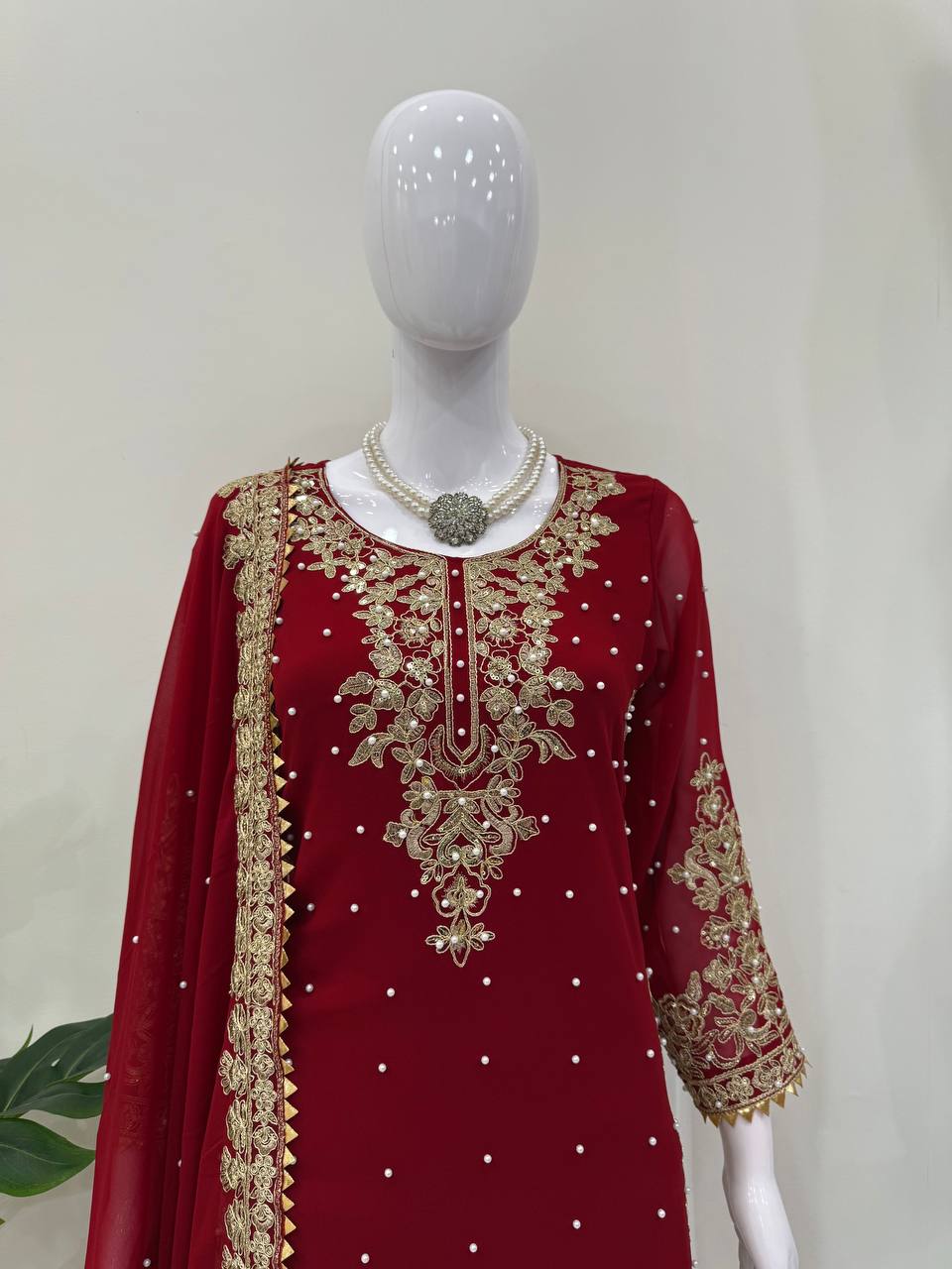 Red Faux Georgette Co-Ord Set with Coding, Sequin & Rivet Moti Work – Plazo & Dupatta Set ClothsVilla