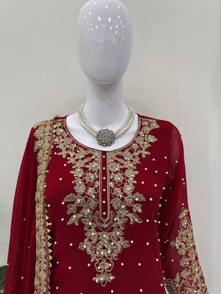Red Faux Georgette Co-Ord Set with Coding, Sequin & Rivet Moti Work – Plazo & Dupatta Set ClothsVilla