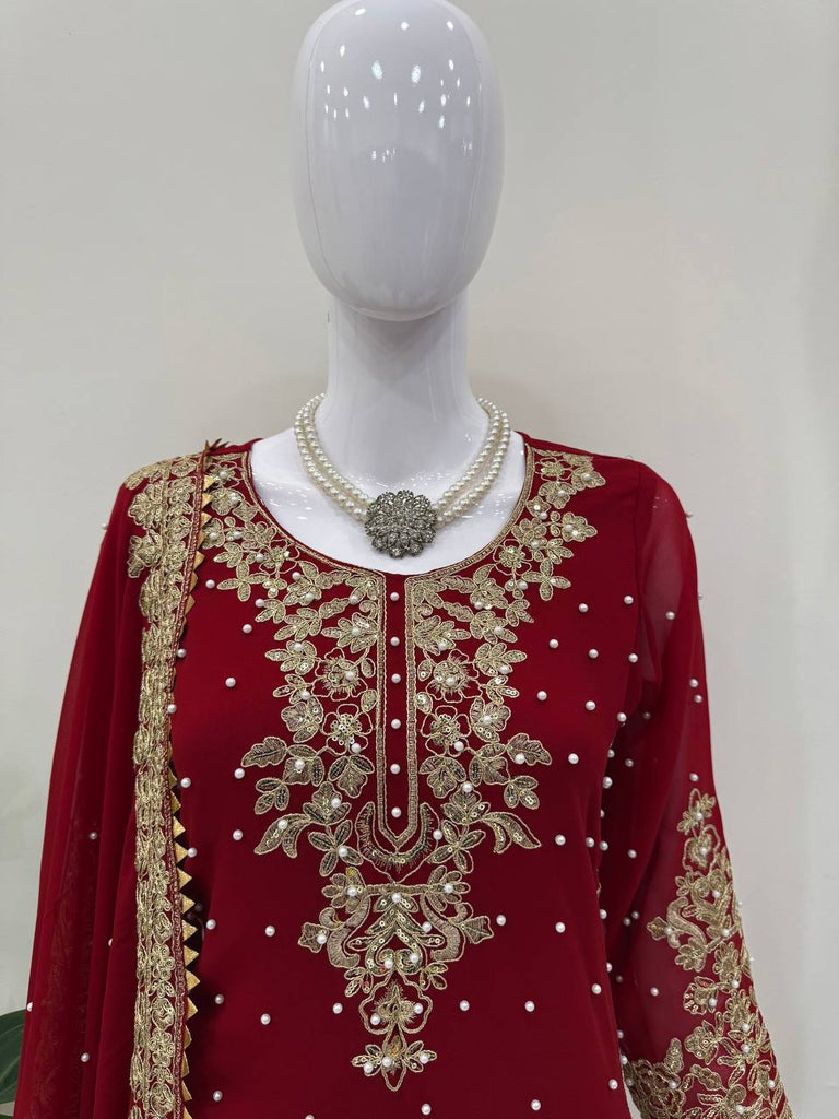Red Faux Georgette Co-Ord Set with Coding, Sequin & Rivet Moti Work – Plazo & Dupatta Set ClothsVilla