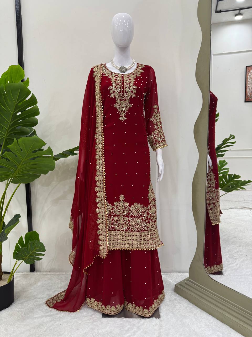 Red Faux Georgette Co-Ord Set with Coding, Sequin & Rivet Moti Work – Plazo & Dupatta Set ClothsVilla