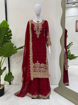 Red Faux Georgette Co-Ord Set with Coding, Sequin & Rivet Moti Work – Plazo & Dupatta Set ClothsVilla