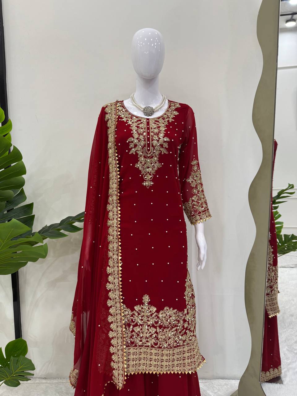 Red Faux Georgette Co-Ord Set with Coding, Sequin & Rivet Moti Work – Plazo & Dupatta Set ClothsVilla