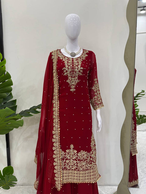 Red Faux Georgette Co-Ord Set with Coding, Sequin & Rivet Moti Work – Plazo & Dupatta Set ClothsVilla
