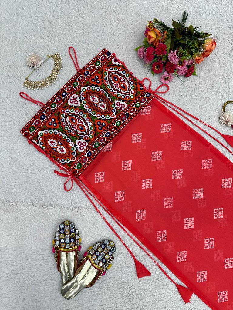 Red Faux Georgette Designer Top with Chinestitch & Real Mirror Work Dori Tie-Up Padded ClothsVilla