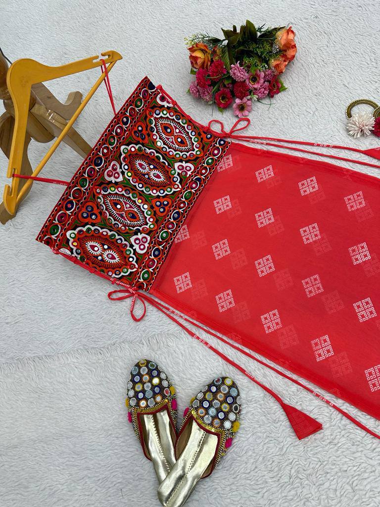 Red Faux Georgette Designer Top with Chinestitch & Real Mirror Work Dori Tie-Up Padded ClothsVilla