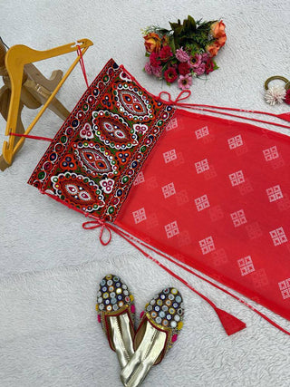 Red Faux Georgette Designer Top with Chinestitch & Real Mirror Work Dori Tie-Up Padded ClothsVilla