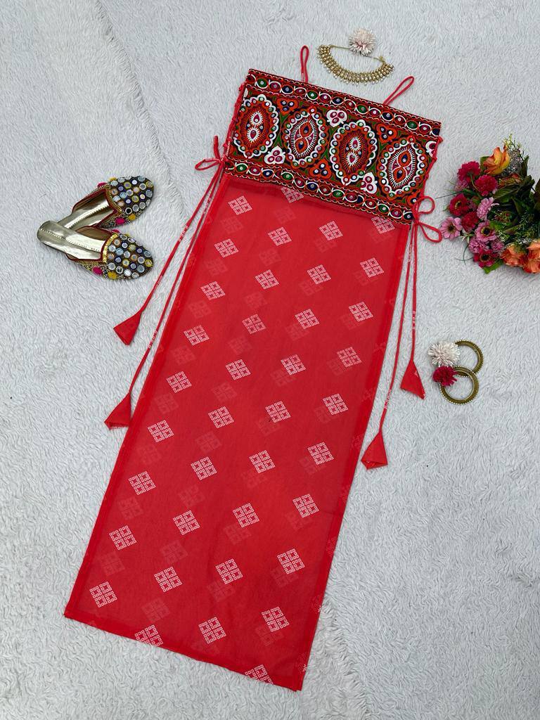 Red Faux Georgette Designer Top with Chinestitch & Real Mirror Work Dori Tie-Up Padded ClothsVilla