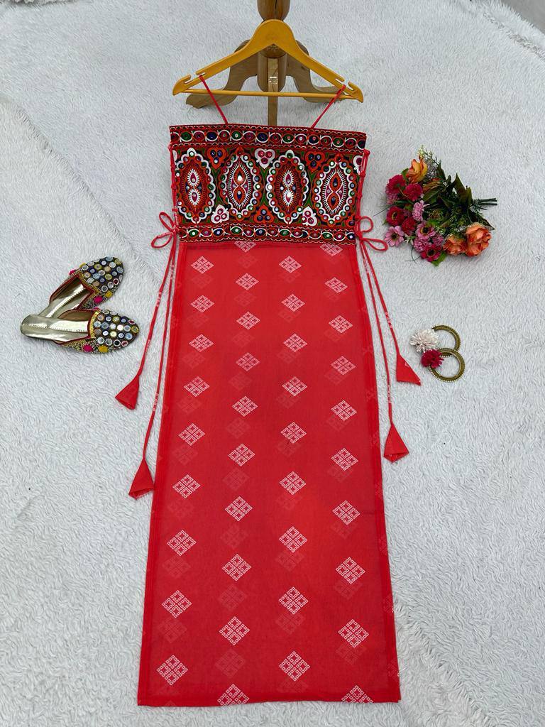 Red Faux Georgette Designer Top with Chinestitch & Real Mirror Work Dori Tie-Up Padded ClothsVilla