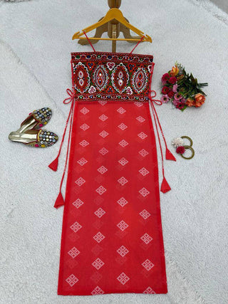 Red Faux Georgette Designer Top with Chinestitch & Real Mirror Work Dori Tie-Up Padded ClothsVilla
