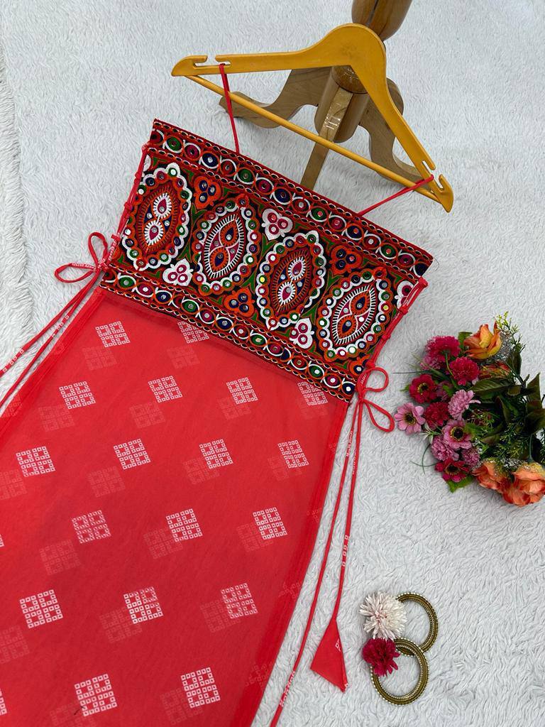 Red Faux Georgette Designer Top with Chinestitch & Real Mirror Work Dori Tie-Up Padded ClothsVilla