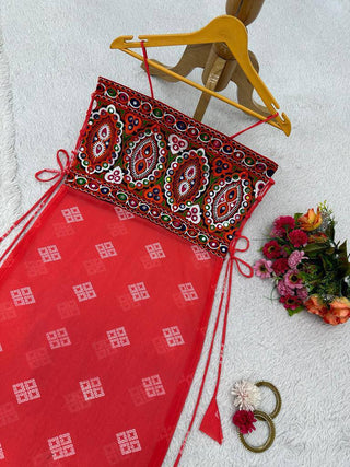 Red Faux Georgette Designer Top with Chinestitch & Real Mirror Work Dori Tie-Up Padded ClothsVilla