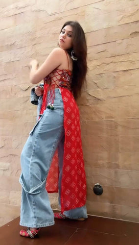 Red Faux Georgette Designer Top with Chinestitch & Real Mirror Work Dori Tie-Up Padded ClothsVilla