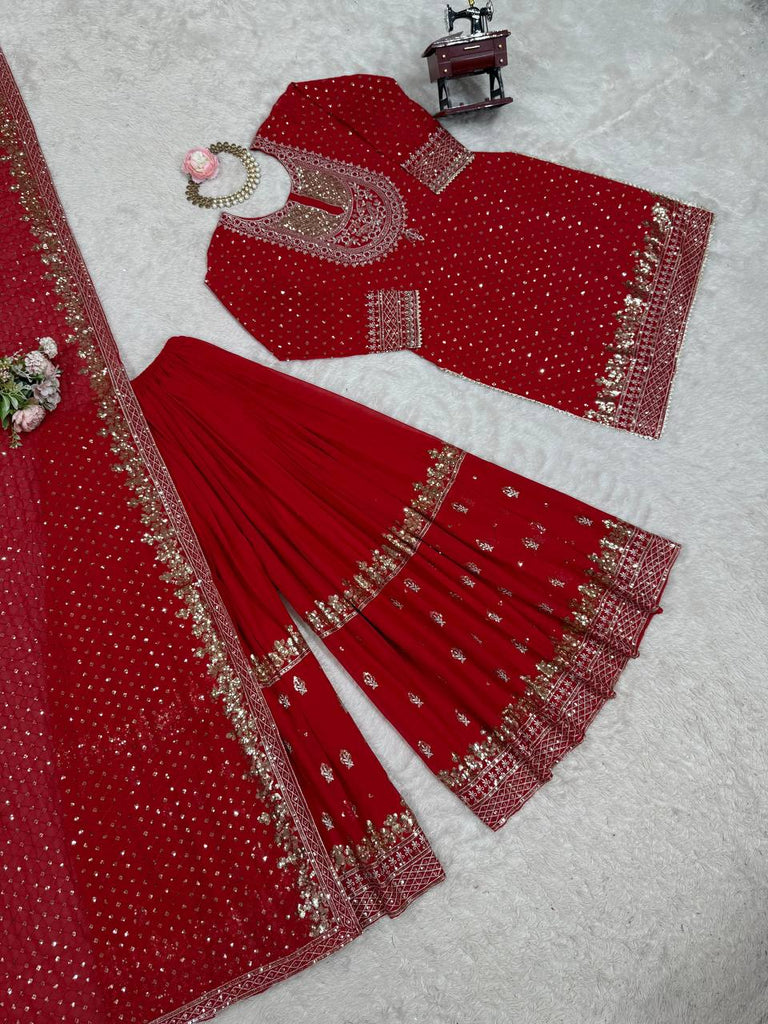 Red Faux Georgette Embroidered Sharara Set with Lace Border Dupatta ClothsVilla