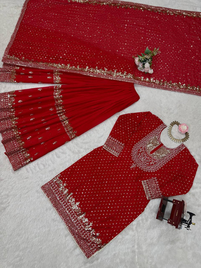 Red Faux Georgette Embroidered Sharara Set with Lace Border Dupatta ClothsVilla