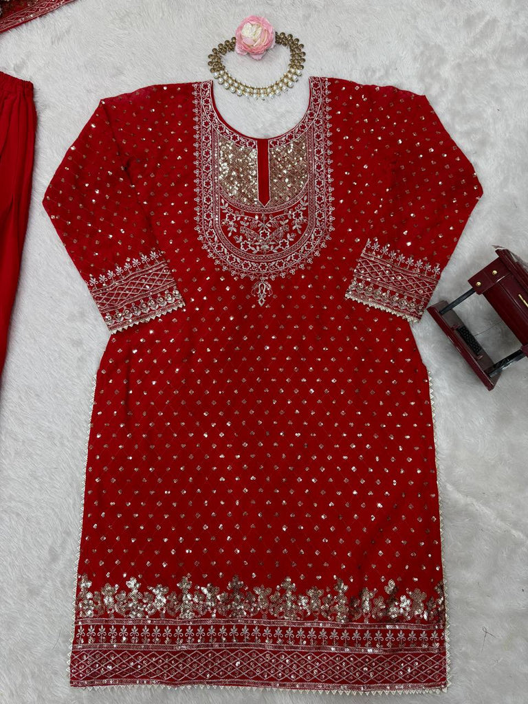 Red Faux Georgette Embroidered Sharara Set with Lace Border Dupatta ClothsVilla