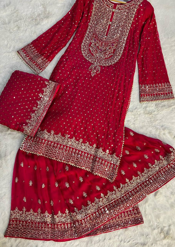 Red Faux Georgette Embroidered Sharara Set with Lace Border Dupatta ClothsVilla