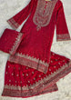 Load image into Gallery viewer, Red Faux Georgette Embroidered Sharara Set with Lace Border Dupatta ClothsVilla