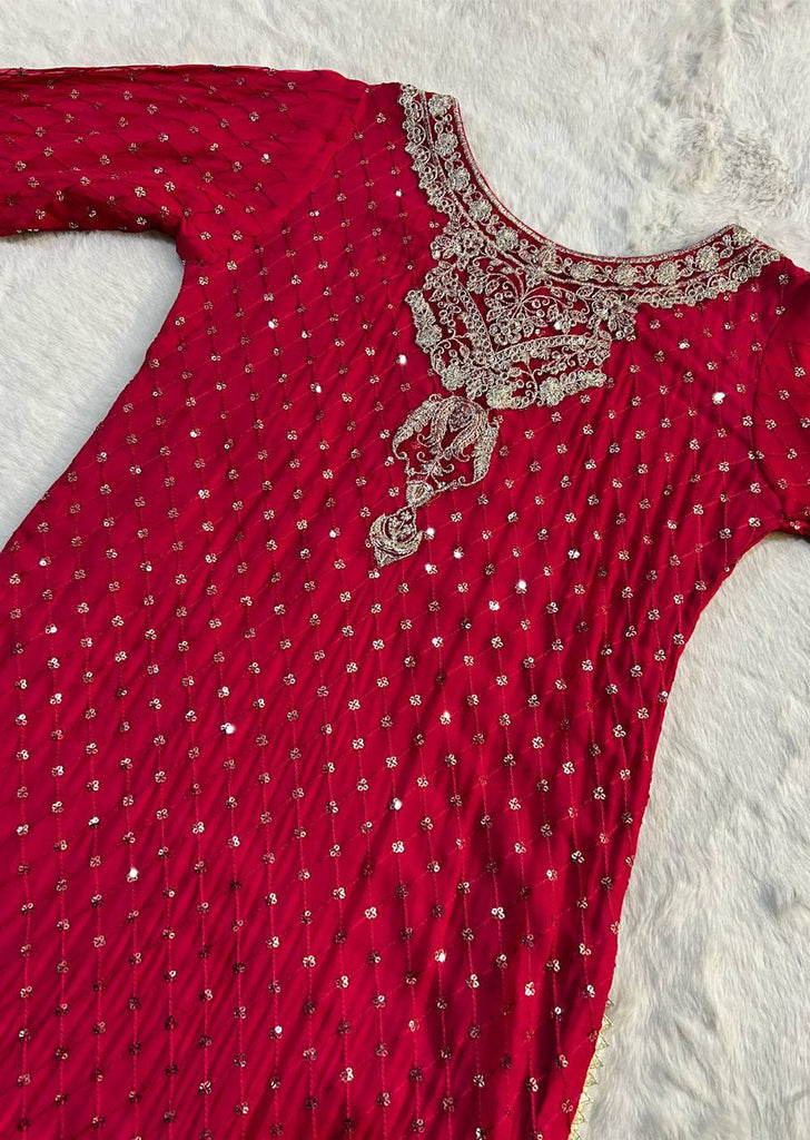 Red Faux Georgette Embroidered Sharara Set with Lace Border Dupatta ClothsVilla