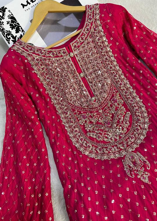 Red Faux Georgette Embroidered Sharara Set with Lace Border Dupatta ClothsVilla