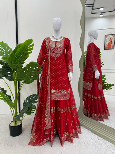 Red Faux Georgette Embroidered Sharara Set with Lace Border Dupatta ClothsVilla