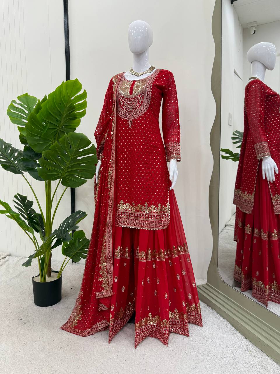 Red Faux Georgette Embroidered Sharara Set with Lace Border Dupatta ClothsVilla Main image
