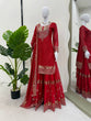 Load image into Gallery viewer, Red Faux Georgette Embroidered Sharara Set with Lace Border Dupatta ClothsVilla