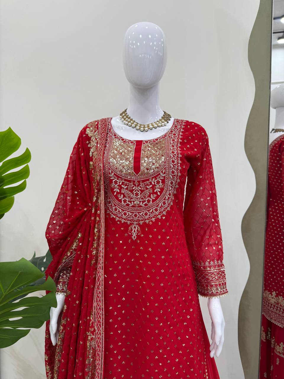Red Faux Georgette Embroidered Sharara Set with Lace Border Dupatta ClothsVilla