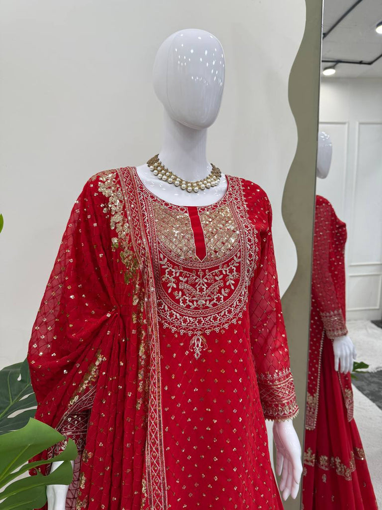 Red Faux Georgette Embroidered Sharara Set with Lace Border Dupatta ClothsVilla