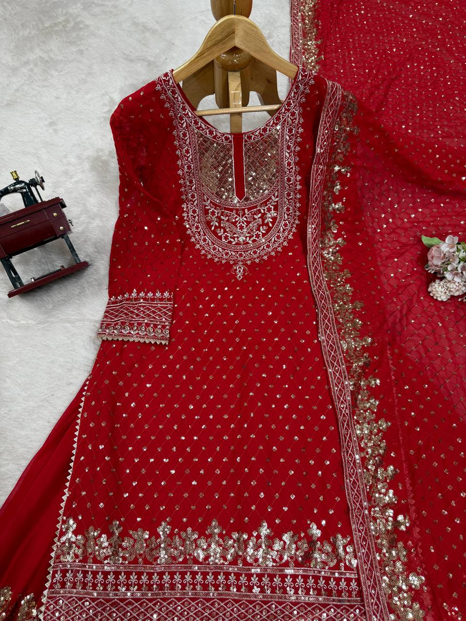 Red Faux Georgette Embroidered Sharara Set with Lace Border Dupatta ClothsVilla