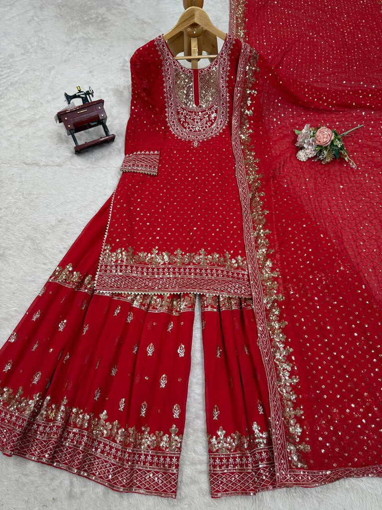 Red Faux Georgette Embroidered Sharara Set with Lace Border Dupatta ClothsVilla