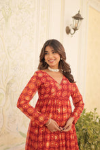 Load image into Gallery viewer, Red Faux Georgette Foil Print Readymade Top with Pant Set ClothsVilla