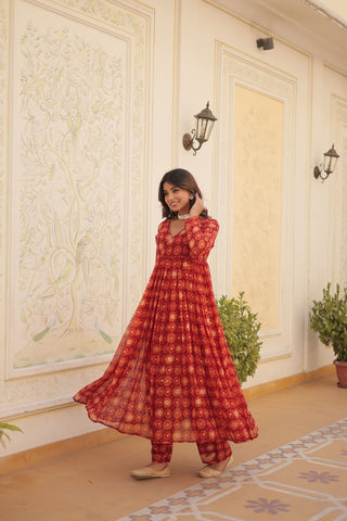 Red Faux Georgette Foil Print Readymade Top with Pant Set ClothsVilla