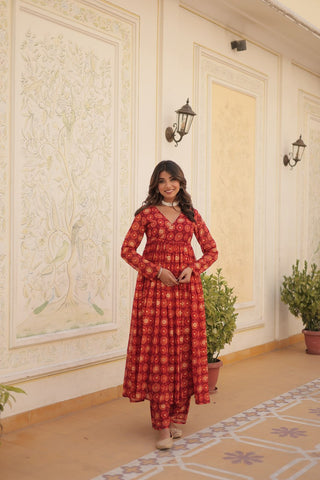 Red Faux Georgette Foil Print Readymade Top with Pant Set ClothsVilla
