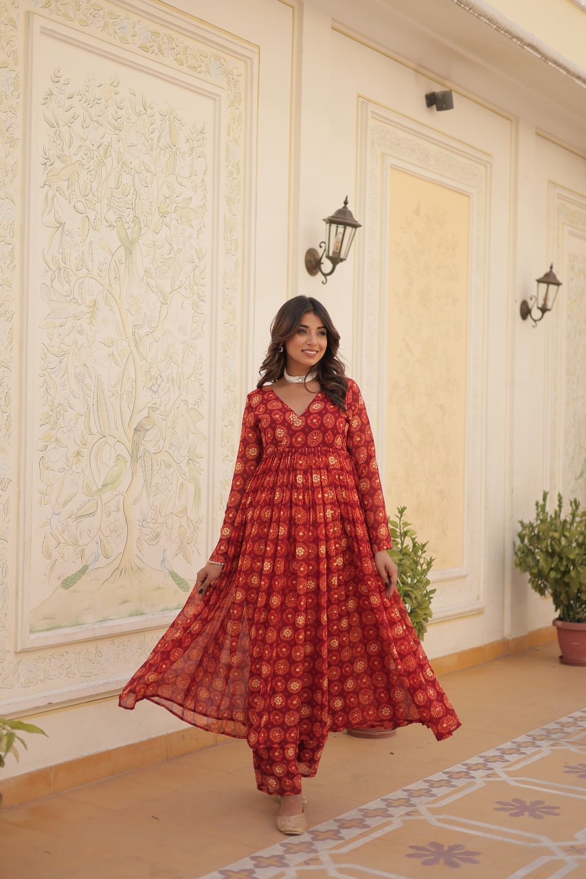 Red Faux Georgette Foil Print Readymade Top with Pant Set ClothsVilla Main image
