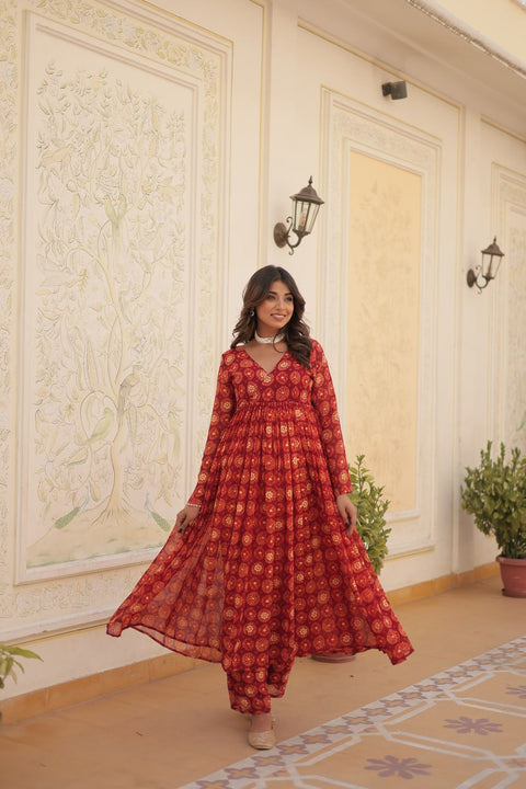 Red Faux Georgette Foil Print Readymade Top with Pant Set ClothsVilla Main image