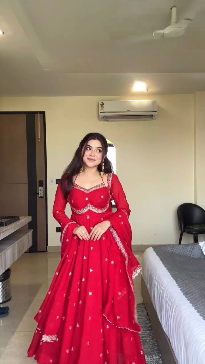 Red Faux Georgette Thread & Sequin Embroidered Anarkali Set with Pant and Dupatta ClothsVilla Main image