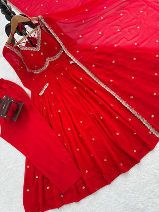 Red Faux Georgette Thread & Sequin Embroidered Anarkali Set with Pant and Dupatta ClothsVilla