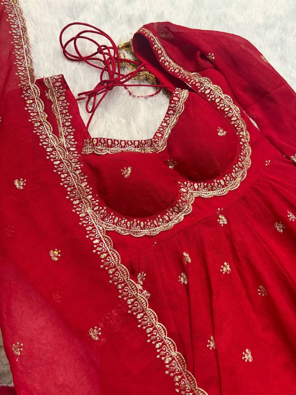 Red Faux Georgette Thread & Sequin Embroidered Anarkali Set with Pant and Dupatta ClothsVilla