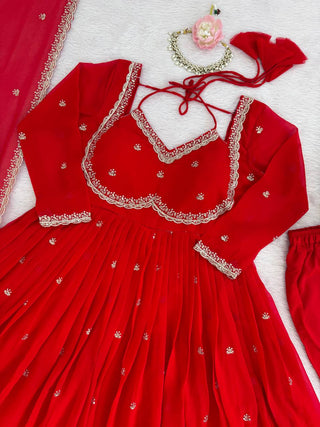 Red Faux Georgette Thread & Sequin Embroidered Anarkali Set with Pant and Dupatta ClothsVilla