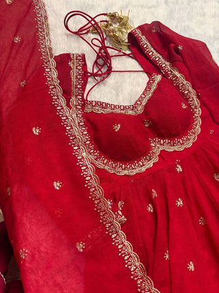Red Faux Georgette Thread & Sequin Embroidered Anarkali Set with Pant and Dupatta ClothsVilla