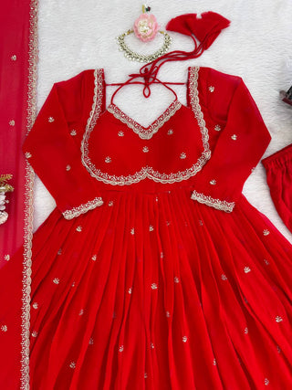 Red Faux Georgette Thread & Sequin Embroidered Anarkali Set with Pant and Dupatta ClothsVilla