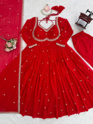 Red Faux Georgette Thread & Sequin Embroidered Anarkali Set with Pant and Dupatta ClothsVilla