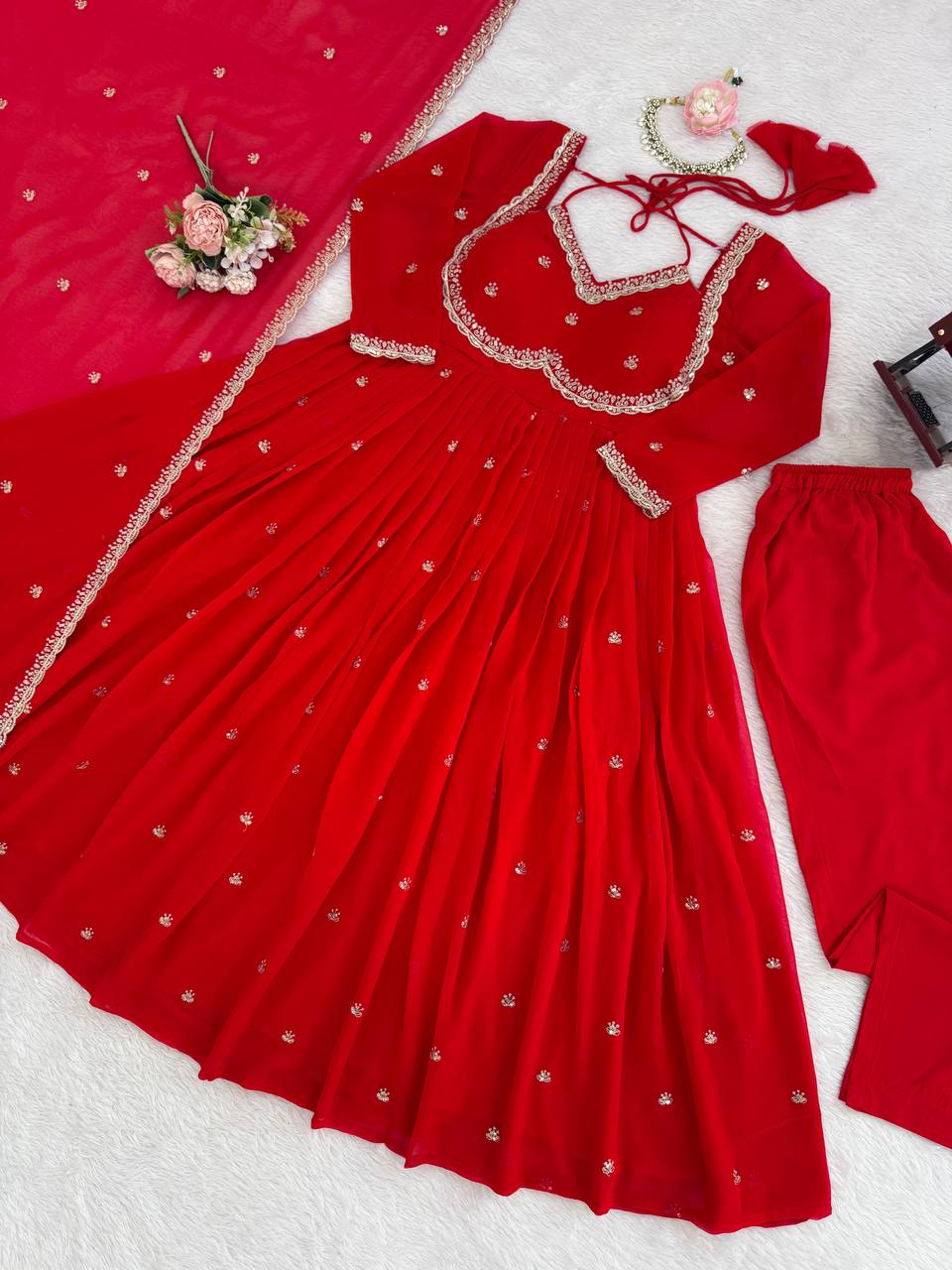 Red Faux Georgette Thread & Sequin Embroidered Anarkali Set with Pant and Dupatta ClothsVilla