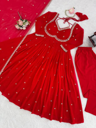 Red Faux Georgette Thread & Sequin Embroidered Anarkali Set with Pant and Dupatta ClothsVilla
